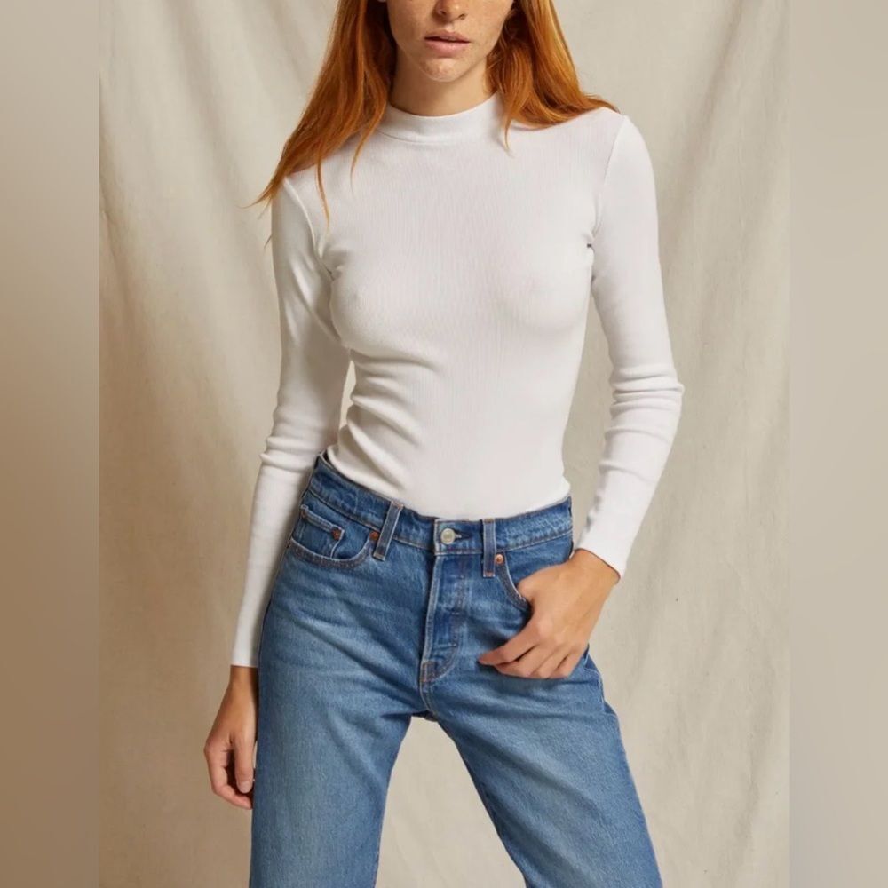 Perfect White Tee Lauryn Rib Mock Neck Long Sleeve Top White Small NWT IN PKG
